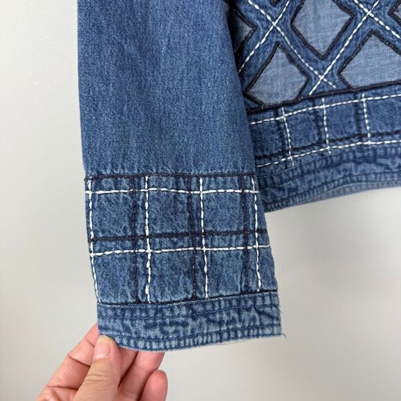 Sara Studio Jacket Women Sz M Blue Denim Embroidered Button Front Patchwork Boho - Picture 5 of 9